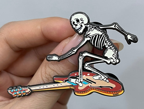 Glow Surfing Skeleton Enamel Pin and Foil Handbill